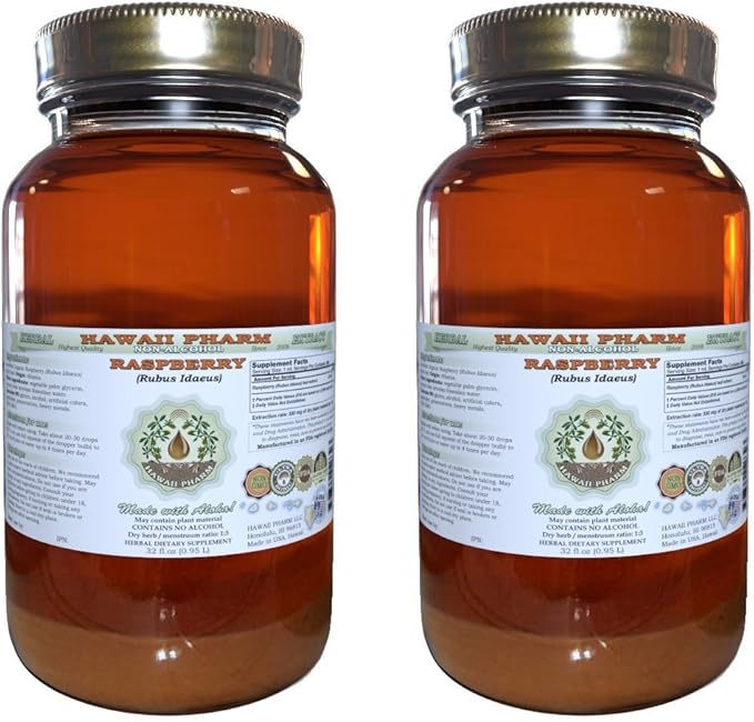Raspberry Alcohol-Free Liquid Extract, Organic Raspberry (Rubus idaeus) Dried Leaf Glycerite Natural Herbal Supplement, Hawaii Pharm, USA 2x32 fl.oz