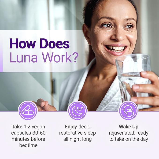 Luna Sleep Aid - Non-Habit Forming Natural Sleeping Pills for Adults with Naturally Sourced Ingredients - Valerian Root, Melatonin, Chamomile, Lemon Balm, and More - 60 Vegan Capsules