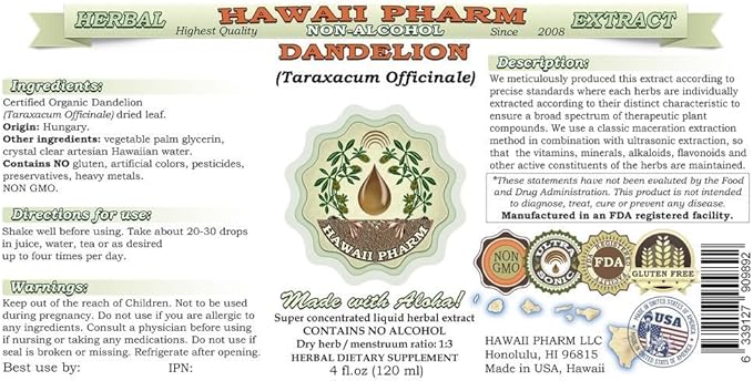 Dandelion Alcohol-Free Liquid Extract, Organic Dandelion (Taraxacum Officinale) Dried Leaf Glycerite Hawaii Pharm Natural Herbal Supplement 15x4 oz