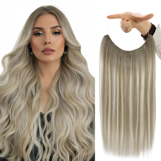 Fshine Invisible Wire Hair Extensions Balayage Ash Brown Mix Platinum Blonde Clip In Hair Extensions Real Human Hair Brown Ombre