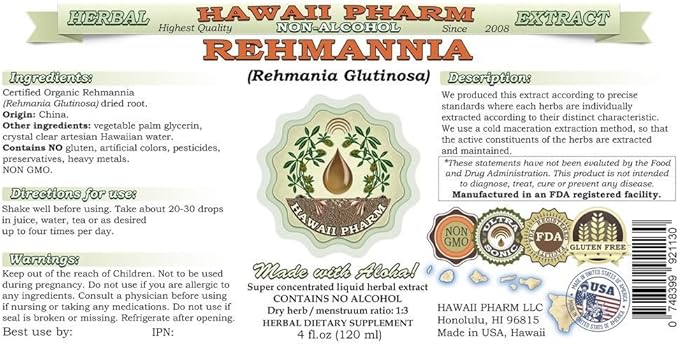 Rehmannia Alcohol-Free Liquid Extract, Organic Rehmannia (Rehmania Glutinosa) Dried Root Glycerite Natural Herbal Supplement, Hawaii Pharm, USA 2x4 fl.oz