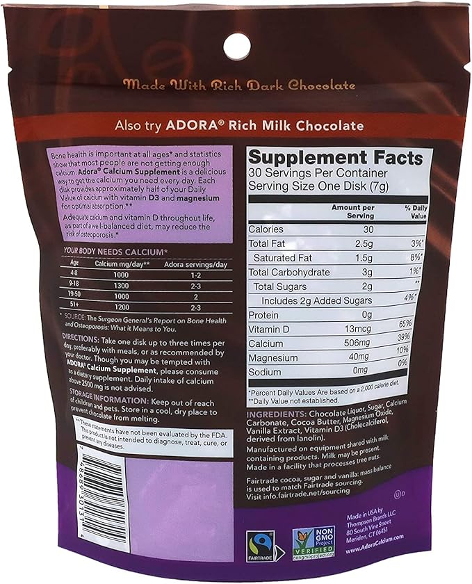 Adora Calcium Supplement, Fairtrade Dark Chocolate, Pack of 12 - 30 ct