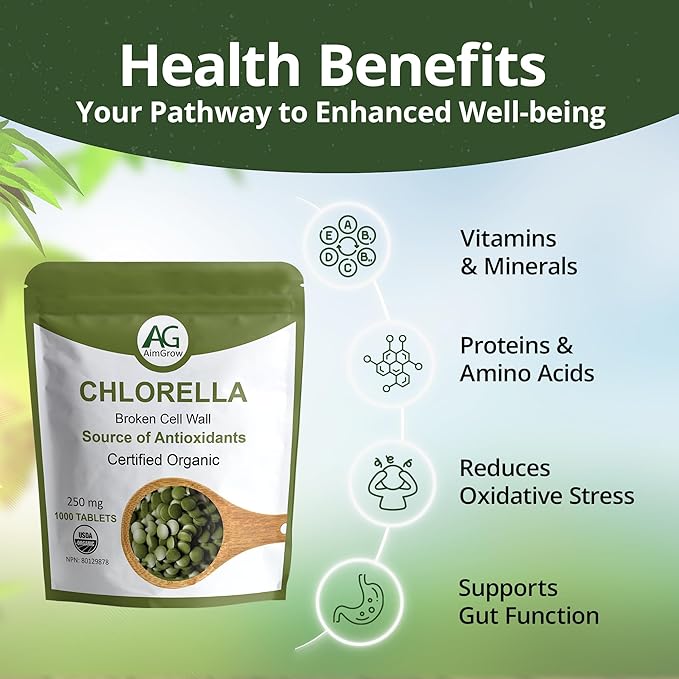 1000 Tablets, Organic Chlorella Tablets with Broken Cell Wall, 250mg