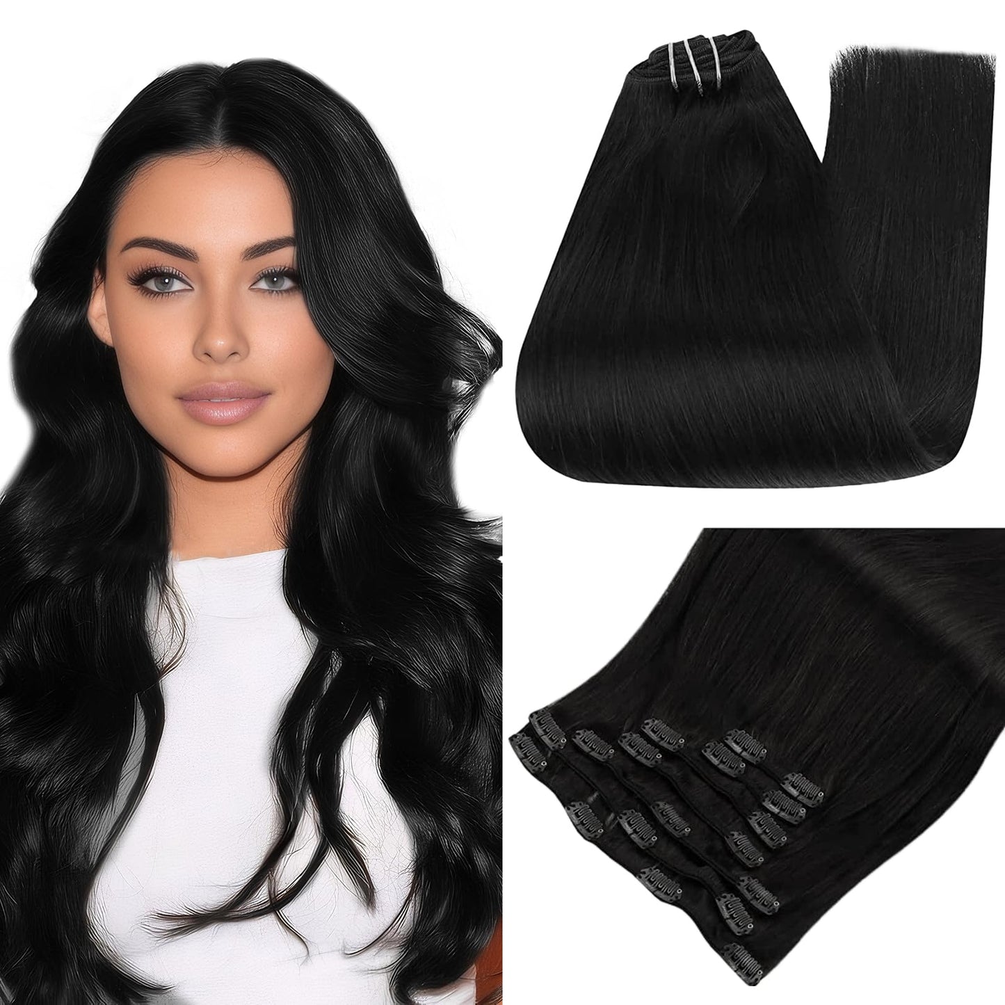 Full Shine Black Clip In Extensions Human Hair Clip In Hair Extensions Black For Thin Hair Jet Black Hair Extensions Real Human
