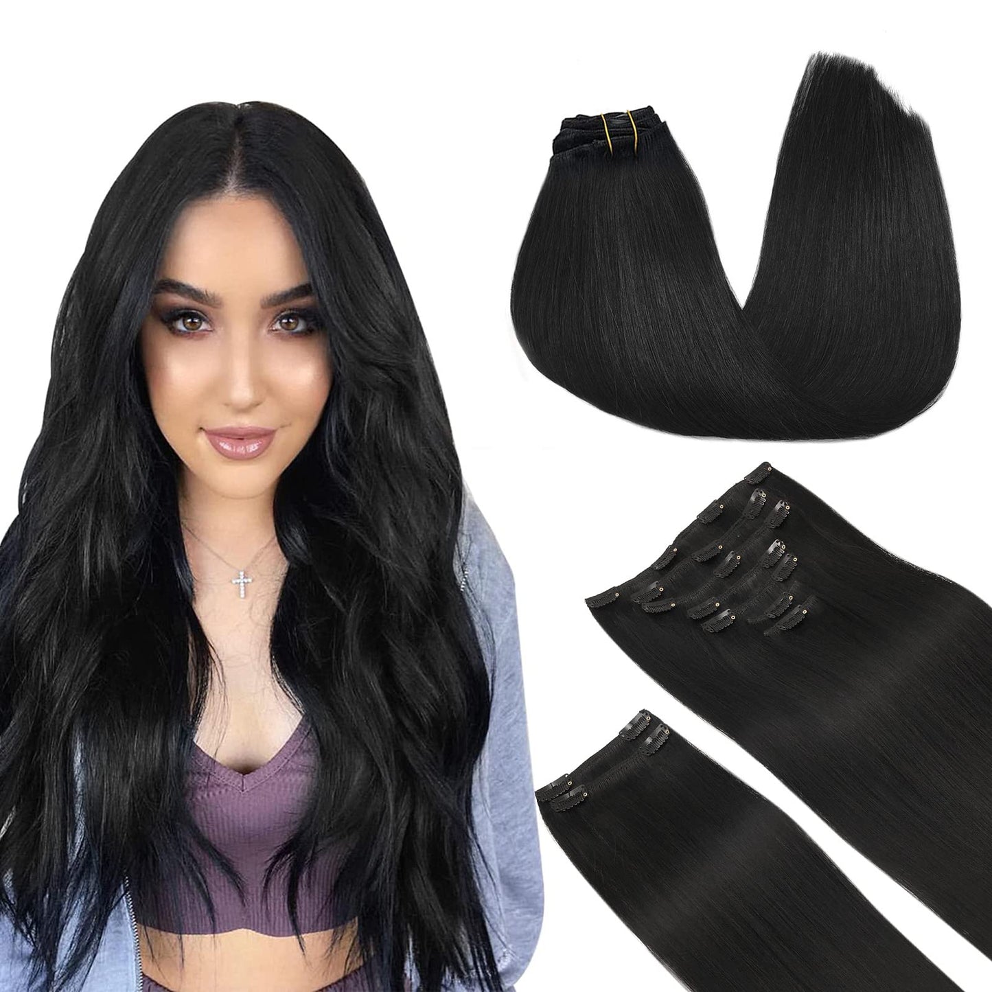 Doores Human Hair Clip In Extensions, Jet Black 150G 9Pcs 14 Inch, Clip In Extensions Human Hair Natural Thick Remy Hair Extensi