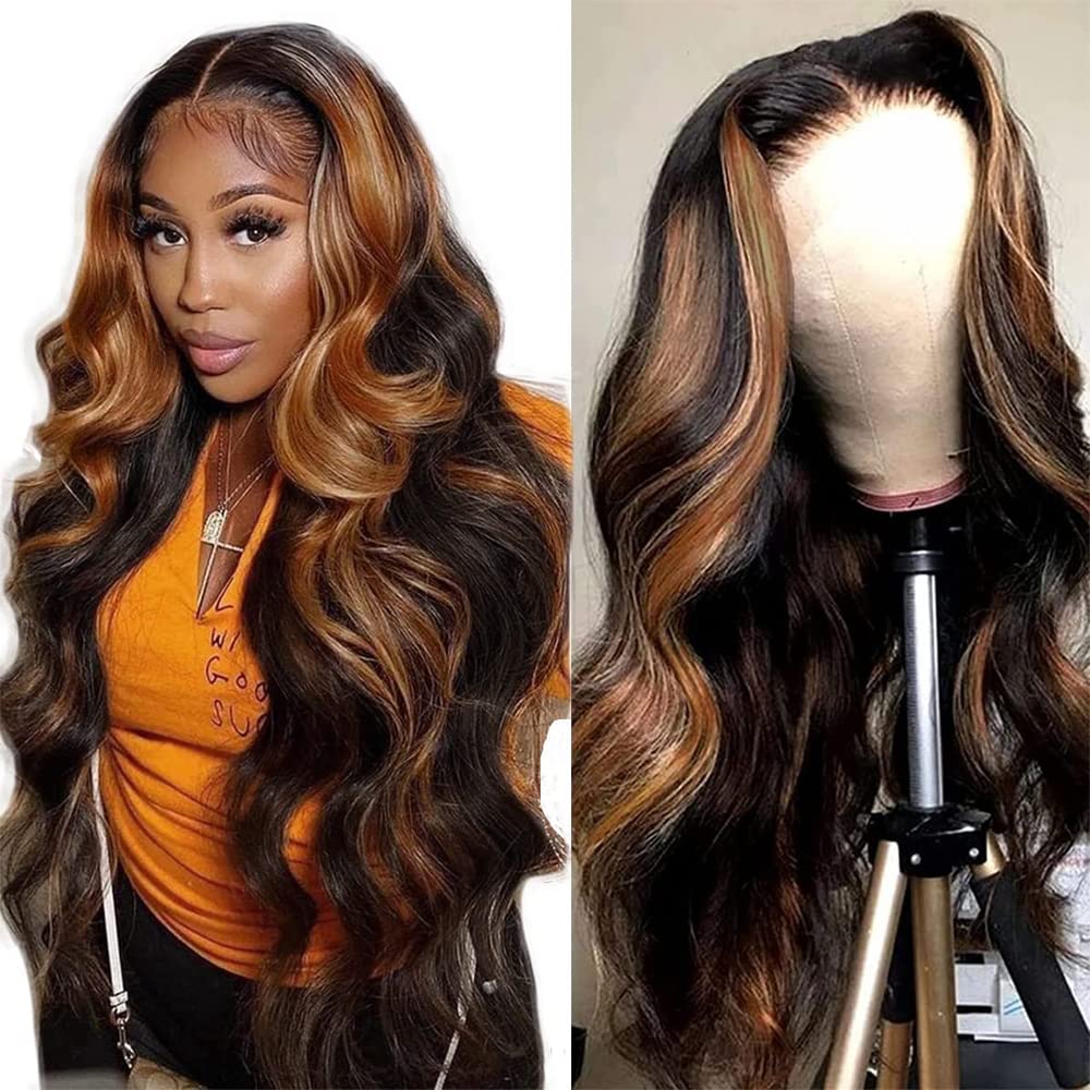 Idhere 32Inch Highlight Ombre Lace Front Wigs Human Hair Body Wave Ombre 1B/30 Brown Lace Frontal Wigs For Women 180% Density Hi