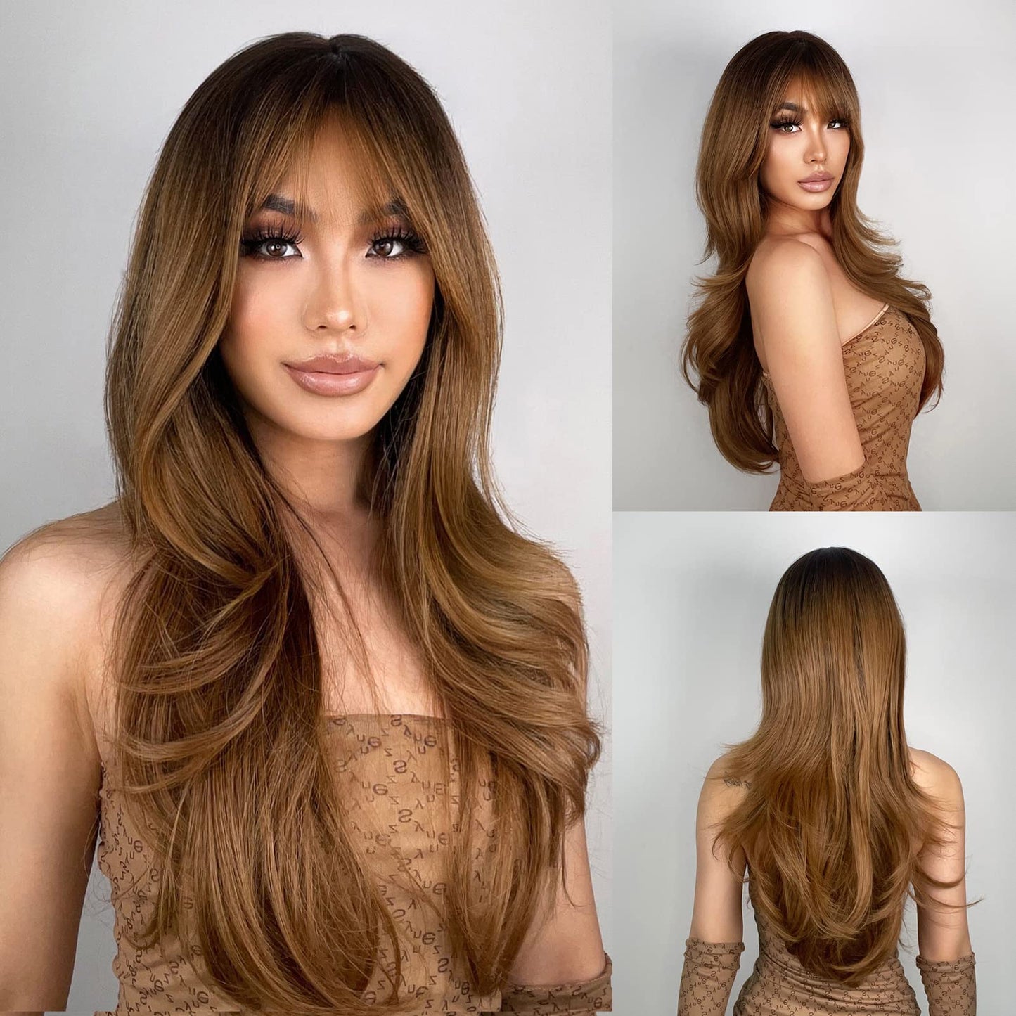 N Nayasa Light Brown Wigs For Women Brown Wig With Bangs 24Ombre Brown Wig With Dark Roots Long Layered Wig Heat Resistant Synth