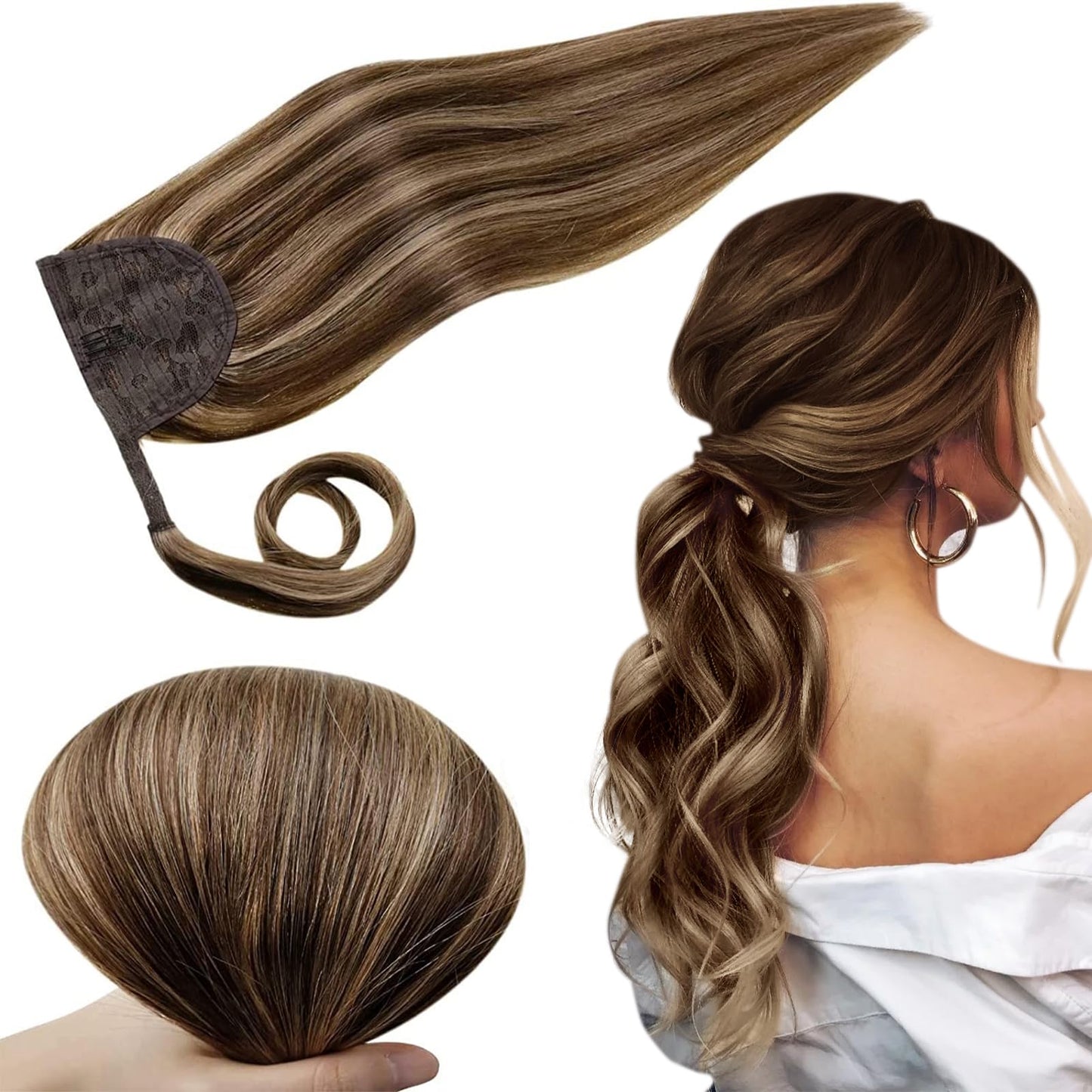 Runature Long Ponytail Extension Human Hair 20 Inch Straight Brown Ponytail Hair Extensions With Magic Paste Walnut Brown Highli