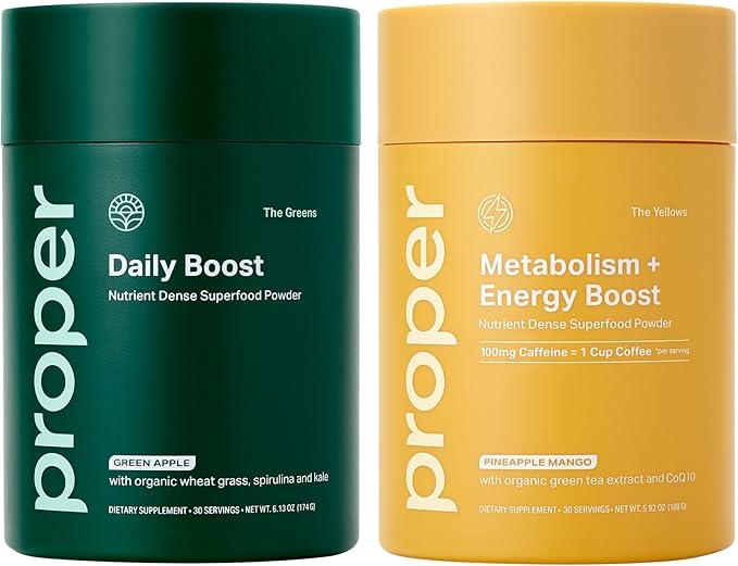 Proper Energy & Wellness Boost Bundle: Greens Superfood for Digestion & Metabolism Support with Caffeine-Free Energy Drink Mix