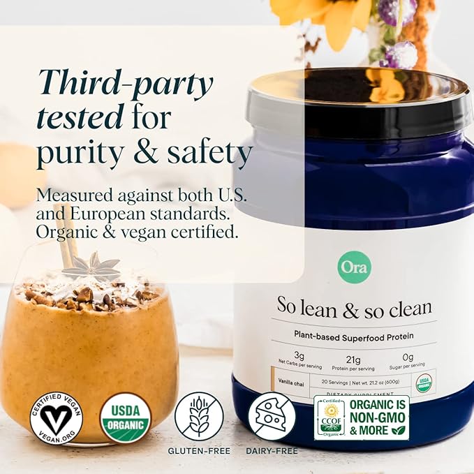 Ora Organic Vegan Protein Powder - 21g Plant Based Protein Powder for Women and Men | Clean Protein Source, Keto Friendly, Gluten Free, Paleo, Dairy-Free, Gluten-Free, Soy-Free (Vanilla Chai)
