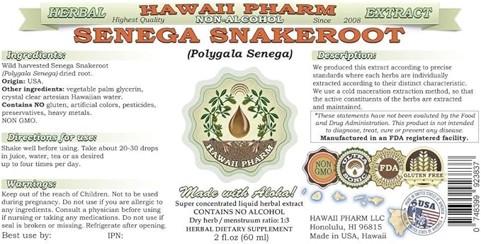 Senega Snakeroot Alcohol-Free Liquid Extract, Senega Snakeroot (Polygala Senega) Dried Root Glycerite Natural Herbal Supplement, Hawaii Pharm, USA 2x32 fl.oz