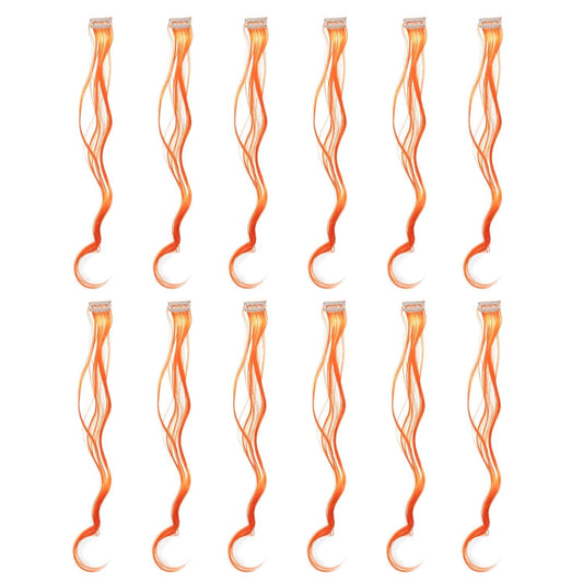 Swacc 12 Pcs Curly Wavy One Color Party Highlights Clip On In Hair Extensions Colored Hair Streak Synthetic Hairpieces (Orange)