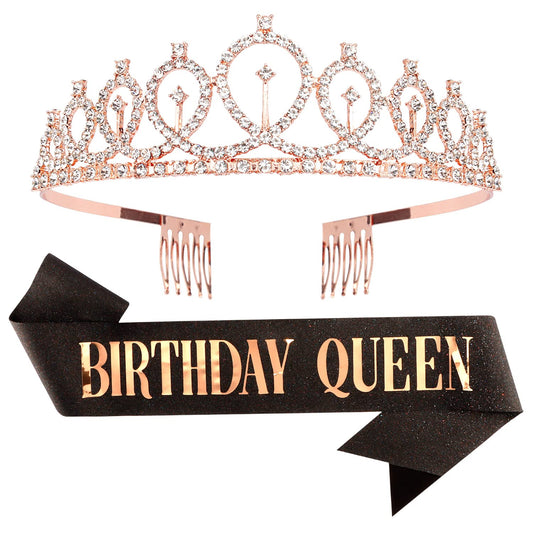 Cieher Rose Gold & Black Birthday Crown Set - Crystal Crown & Sash For Women & Girls (Birthday)