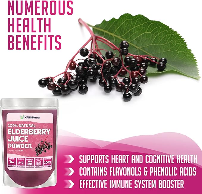 XPRS Nutra Elderberry Juice Powder - Elderberry Powder Organic Fruit Juice Mix - Powdered Elderberries Supplement Rich in Vitamins A and C (16 oz)