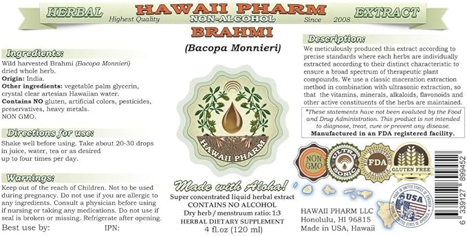 Brahmi Alcohol-Free Liquid Extract, Organic Brahmi Liquid (Bacopa Monnieri) Whole Herb Dried Glycerite Hawaii Pharm Natural Herbal Supplement 4x4 oz