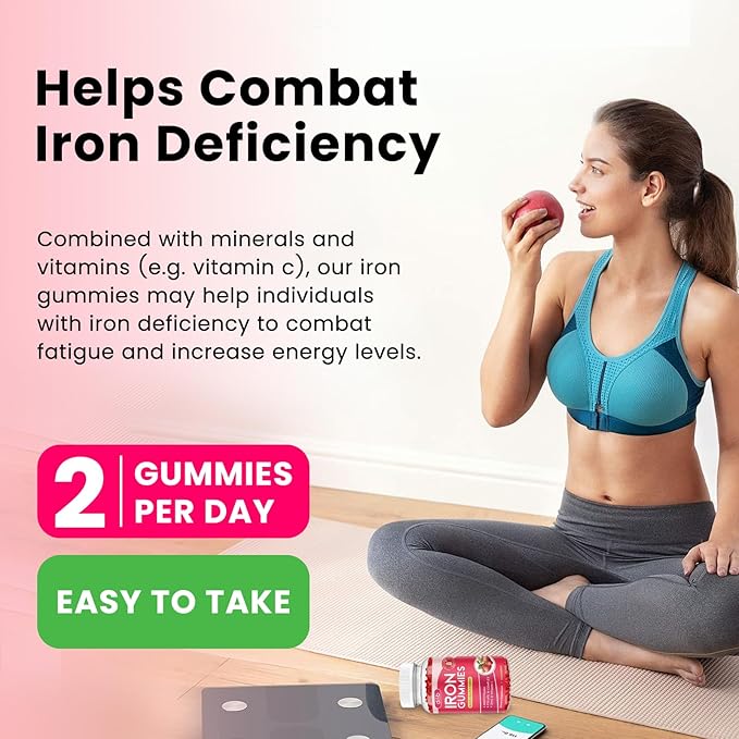 2 Pack Iron Gummies with Multivitamin, Iron Supplement for Women & Men with Zinc, Vitamin B Complex & C, B12, Folate - Blood Builder & Energy Support for Adults & Kids - Strawberry Flavor, Vegan 120ct