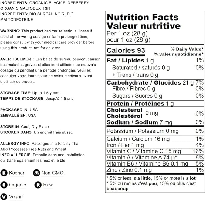 Food to Live Organic Black Elderberry Powder, 8 Pounds – Non-GMO, Made from Raw Dried Berries, Unsulfured, Vegan, Bulk, Great for Baking, Smoothies, Yogurts, No Sulphites, Contains Maltodextrin