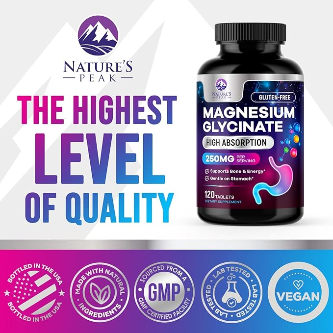 Magnesium Glycinate Chelated for Max Absorption - Supports Bone, Muscle, Nerves & Heart Health, Nature's Sleep and Stress Support, Best Magnesium Supplement Pills for Whole Body Support - 120 Tablets