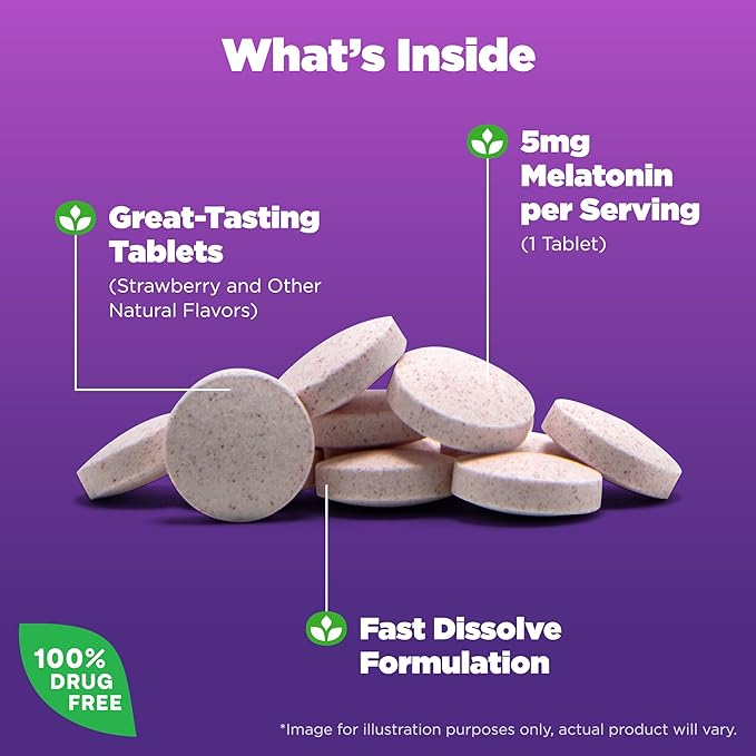 Natrol Melatonin 5mg Fast Dissolve Tablets, Sleep Support Supplements for Adults, Strawberry Flavor, 200 Tablets, Up to 200 Day Supply