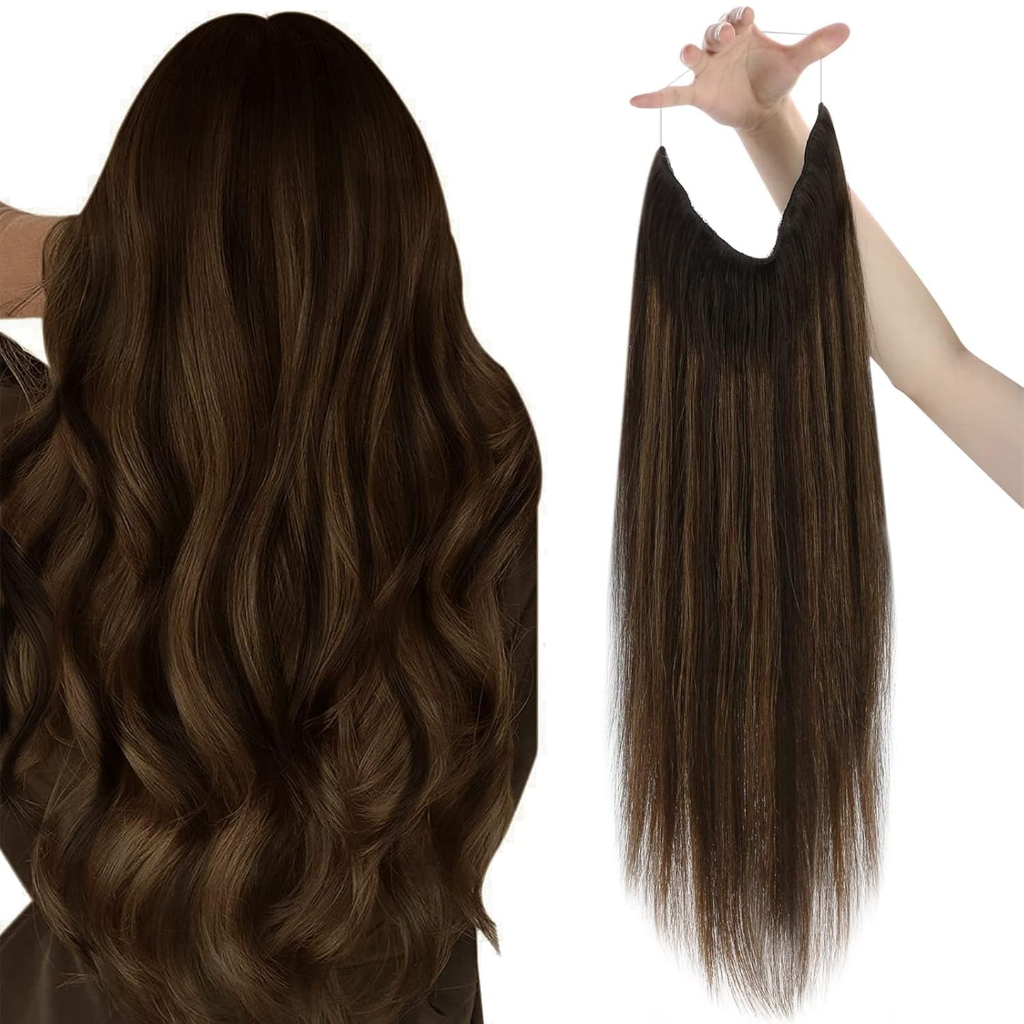 Sunny Wire Human Hair Extensions 22Inch Brown Ombre Fishing Line Hair Extensions Balayage Dark Brown To Chestnut Brown Mix Brown