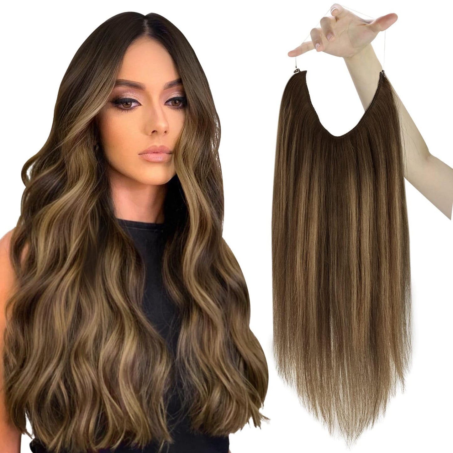 Sunny Wire Hair Extensions Real Human Hair Balayage Chocolate Brown Mix Caramel Blonde Fishing Line Human Hair Extensions Brown