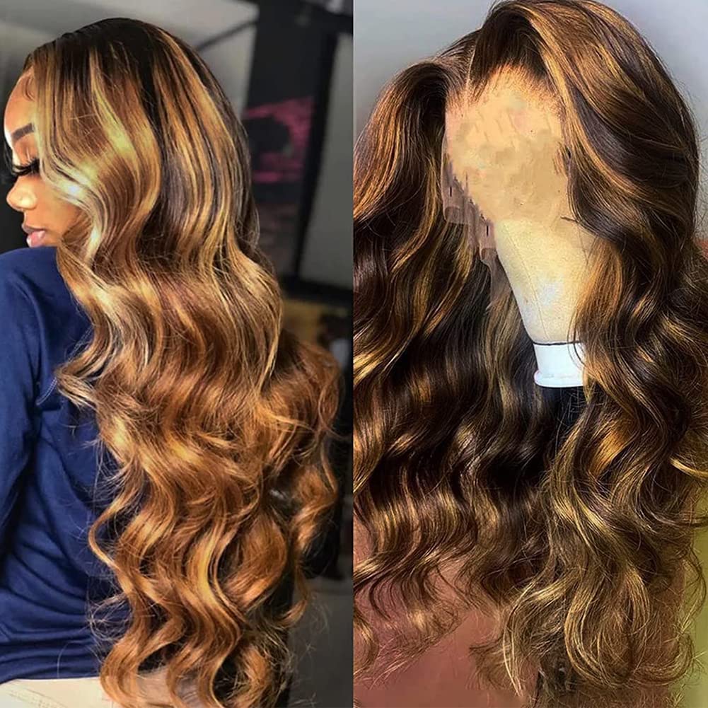 Sensairuite Highlight Ombre Lace Front Wigs Human Hair Pre Plucked 13X4 Body Wave Frontal Wigs Human Hair 180% Density 4/27 Colo