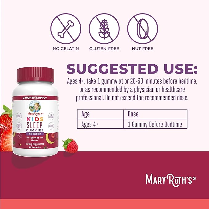 MaryRuth's Melatonin Gummies for Kids | 2 Month Supply | Sleep Gummies for Kids Ages 4+ | Kids Melatonin Gummy | Melatonin 1 mg | Relaxation & Sleep Support | Vegan | Gluten Free | 60 Count