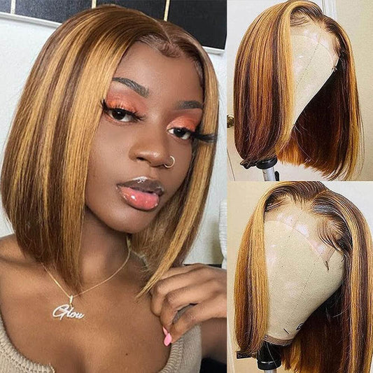 Huiwanyan Highlight Lace Front Wig Human Hair Ombre 4/27 Bob Wig Human Hair Glueless 13X4 Hd Lace Front Bob Wigs Human Hair Pre