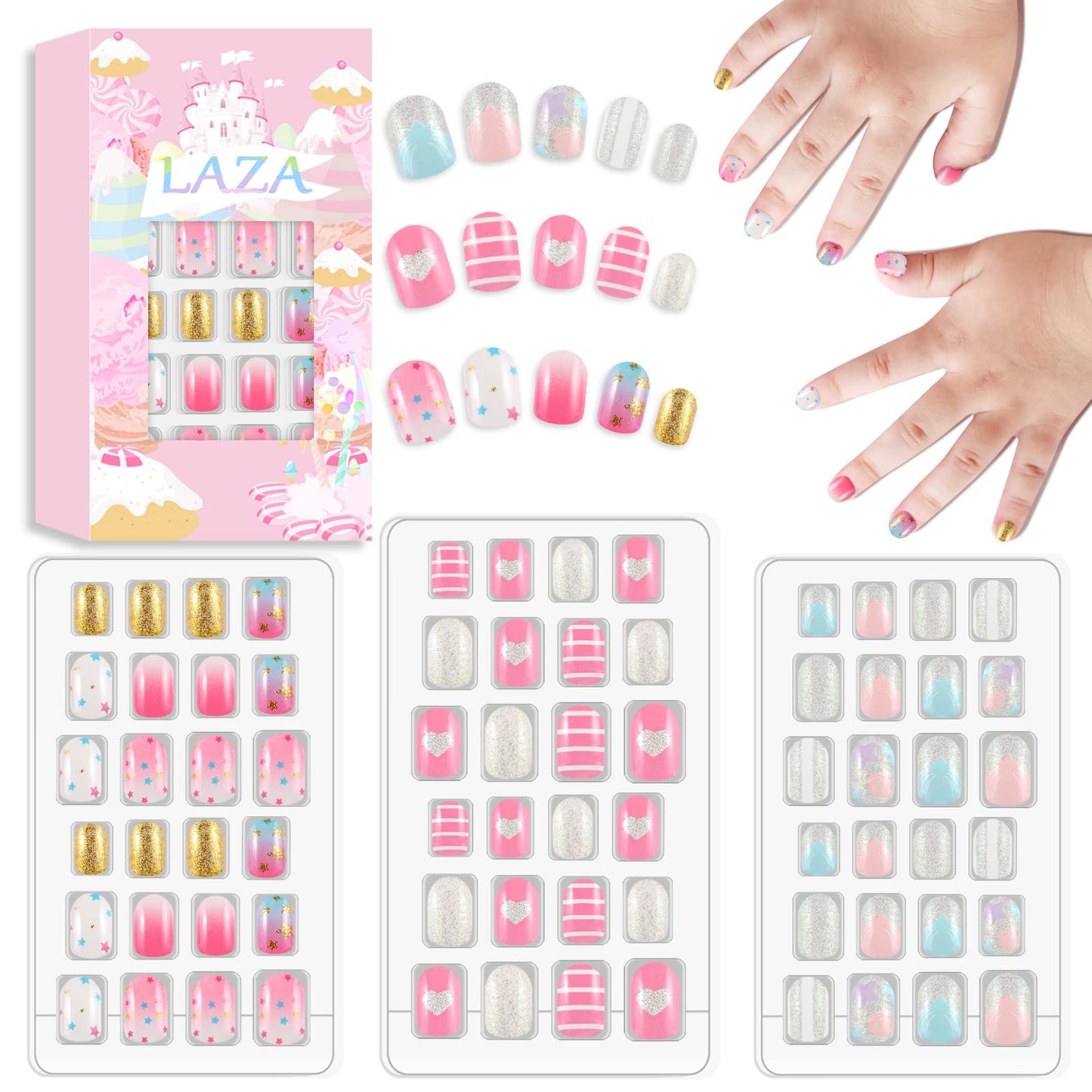 Laza 72Pcs Children Nails Press On Pre-Glue Full Cover Gold Silver Glitter Pink Blue Shell Star Heart Short False Nail Kits For