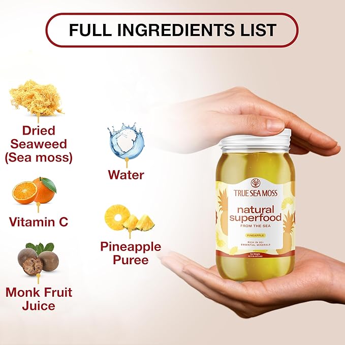 TrueSeaMoss Sea Moss Gel – Made in USA – Wildcrafted Seamoss, Fresh Fruits & Sea Vegetables – Pineapple, Pack of 2 (Labels may Vary)