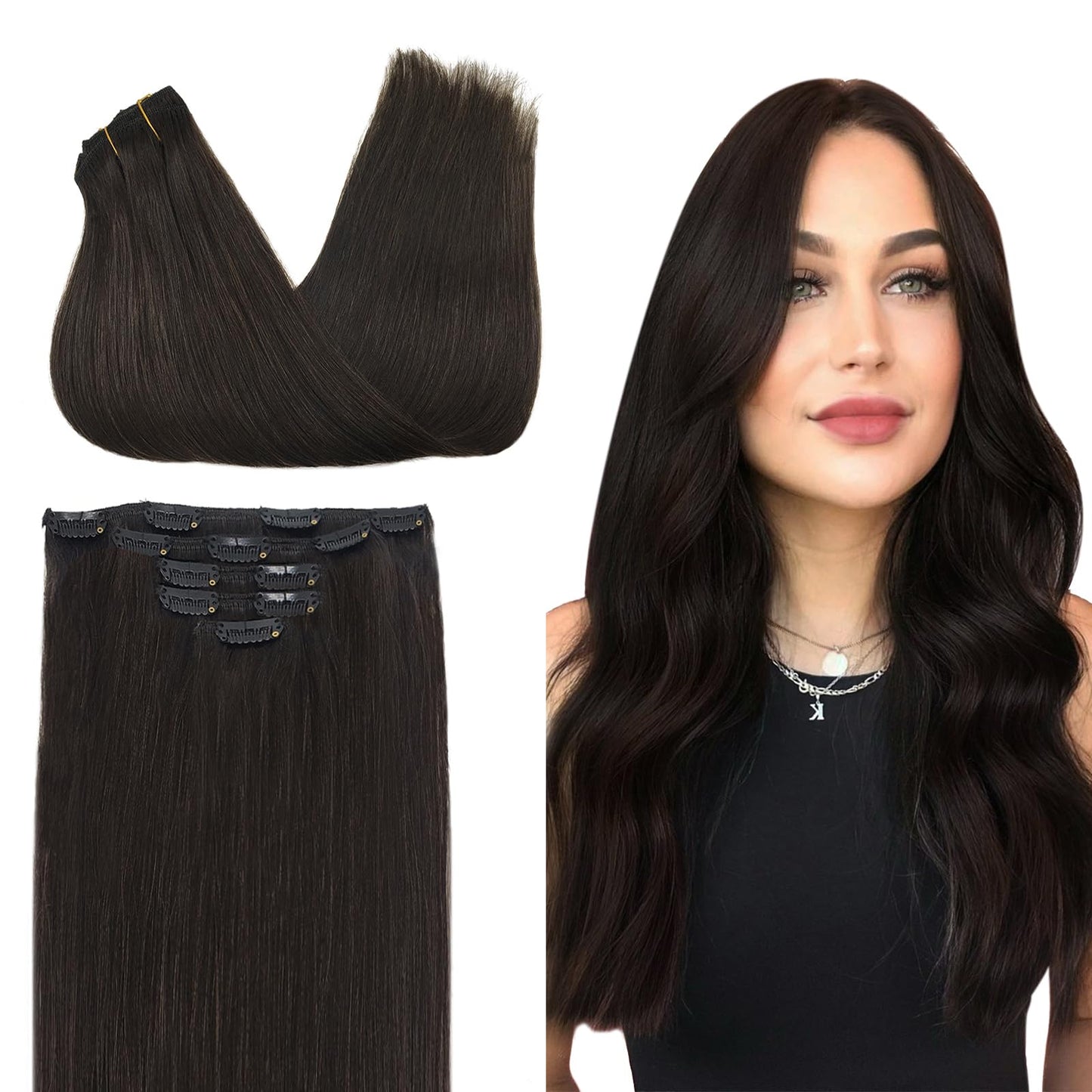 Doores Human Hair Extensions Clip In, 5Pcs 75G 16 Inch Dark Brown Real Clip In Hair Extensions Silky Hair Extensions Natural Hai