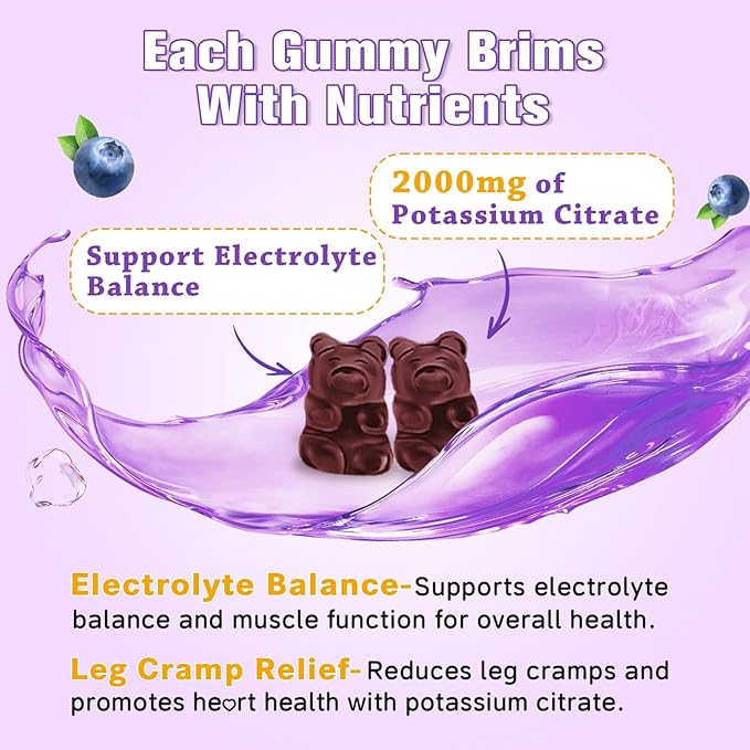 Potassium Citrate Gummies – Potassium Supplement for Muscle Health, Leg Cramp Relief & Electrolyte Balance, Vegan, Non-GMO, Gluten-Free, Blueberry Flavor, 60 Count