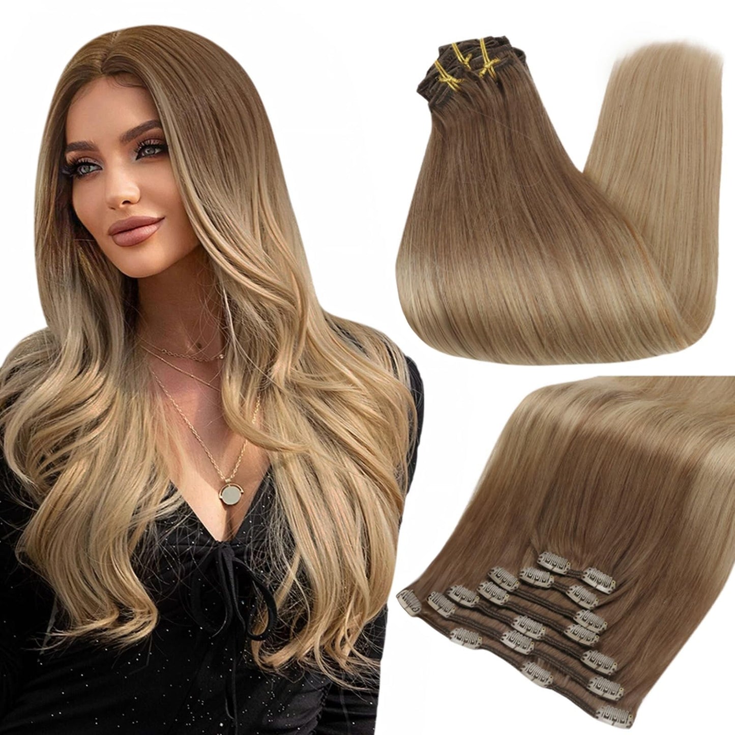 Full Shine Blonde Balayage Clip In Hair Extension Human Hair Ombre Clip In Extensions Color 10 Fading To 14 Brown To Blonde Hair