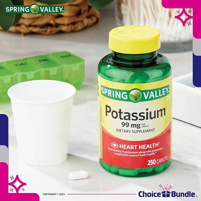 Spring Valley Potassium Heart Health Dietary Supplement Caplets 99 mg 250 CT 3 pk (750 Total) + “Vitamin Vitality” Guide & Keychain Pill Container (5 Items)!