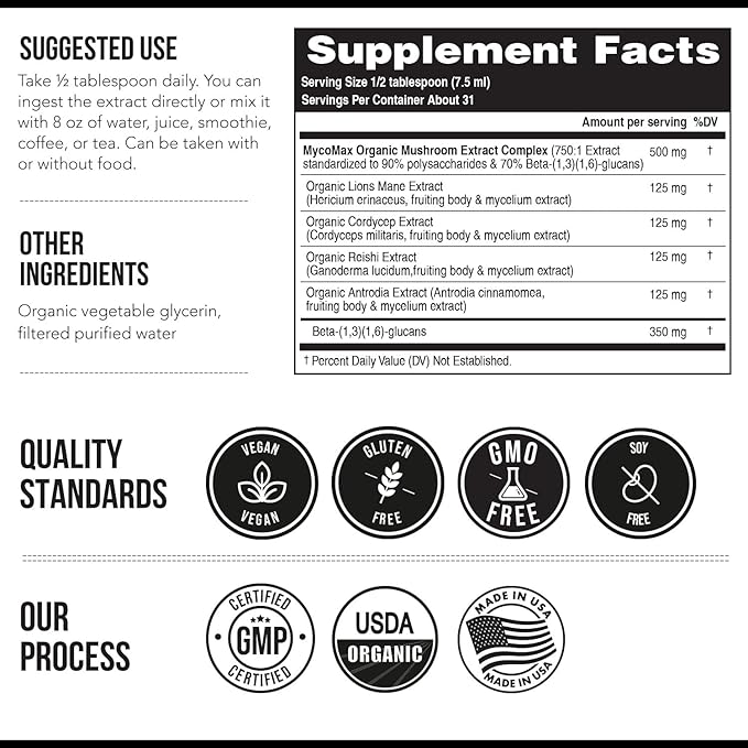 MycoMax Mushroom Complex - 70% Beta Glucans, Max Potency Mushroom Supplement, US Grown + Ultrasonic Extraction - Lions Mane, Cordyceps, Reishi & More - Promotes Cognition, Immunity, Energy - 8 oz.