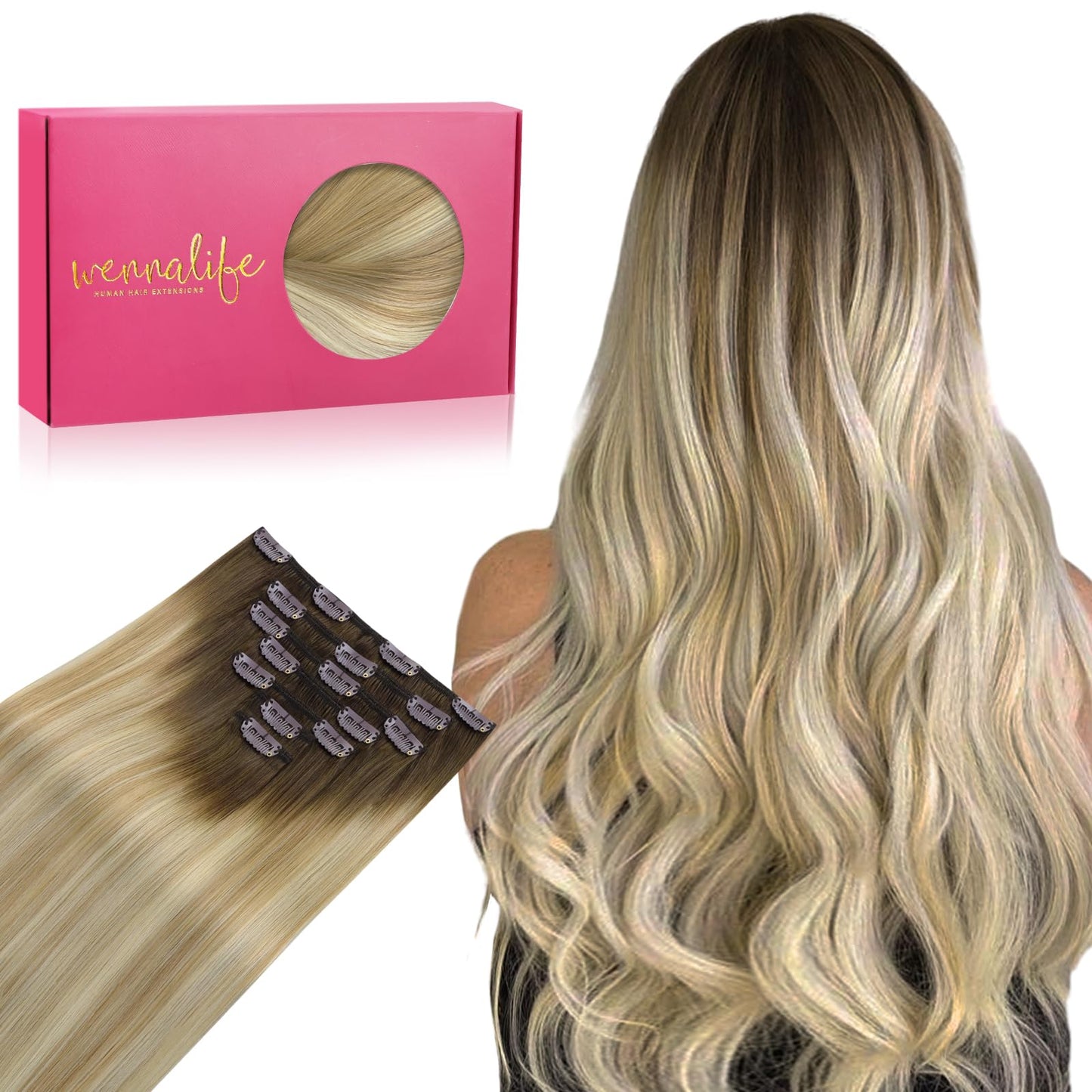 Wennalife Clip In Hair Extensions Real Human Hair, 24 Inch 120G 7Pcs Human Hair Extensions Clip In Human Hair, Balayage Light As