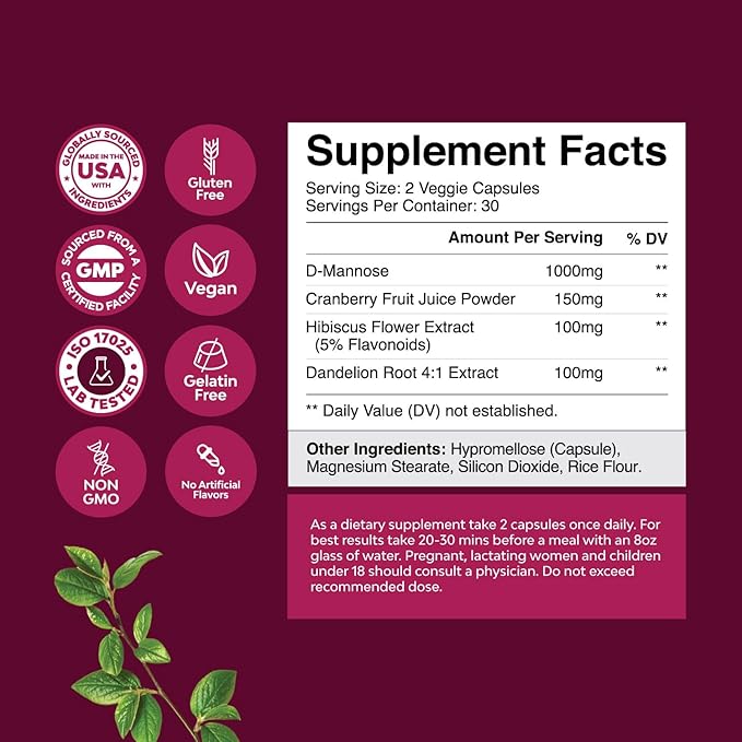 Bundle of D Mannose Capsules for Urinary Tract Health for Women Fast Acting Super Concentrated Cranberry 60ct and Chewable Vitamin C Gummies for Adults - Ascorbic Acid Natural Vitamin C Gummy Immune