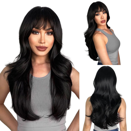 N Nayasa Long Black Wigs With Bangs Layered Wigs For Women Synthetic Heat Resistant Wig Natural Looking Realistic Wigs For Daily