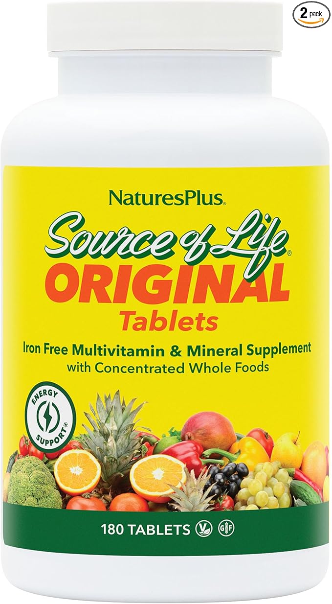 Natures Plus Source of Life No Iron - 180 Tablets, Pack of 2 - Multi-Vitamin & Mineral Supplement - Supports Natural Energy & Overall Well-Being - Gluten Free, Vegetarian - 120 Total Servings