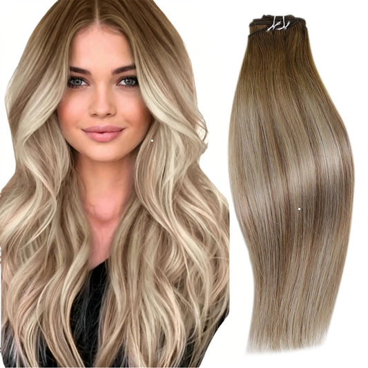 Runature Sew In Hair Extensions Real Human Hair 22 Inch Balayage Walnut Brown To Ash Brown Ombre Light Blonde Human Hair Weft Ex