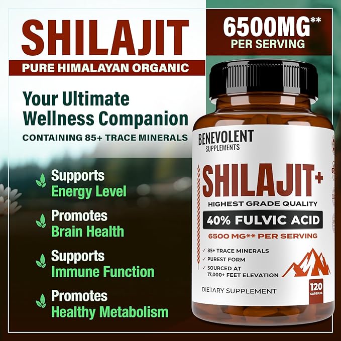 6,500mg Shilajit Supplement with 40% Fulvic Acid (High Absorption) | Shilajit Mineral Supplement with 85+ Trace Minerals for Energy, Performance & Immune Health - 120 Capsules