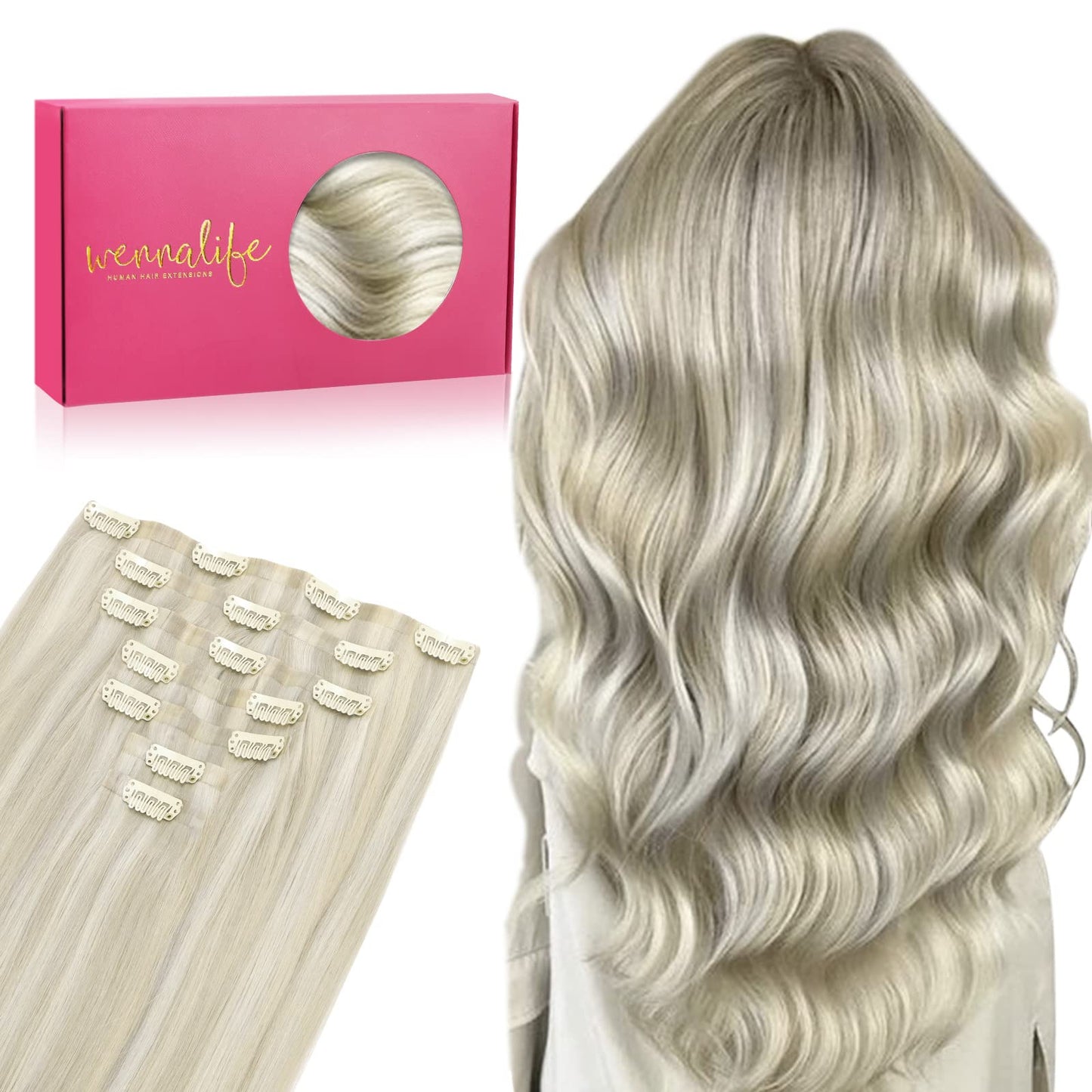 Wennalife Seamless Clip In Hair Extensions, 16 Inch 7Pcs 130G Ash Blonde Highlighted Platinum Blonde Hair Extensions Clip In Rea