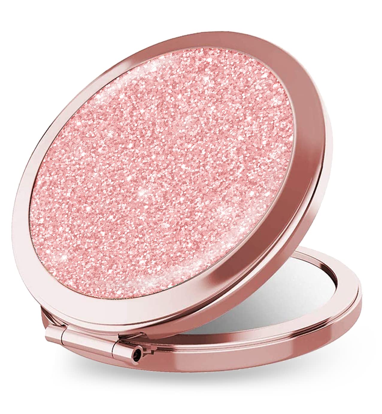 Iampanda Compact Rose Gold Mirror For Women,Round Mini Pocket Makeup Mirror For Purse,Rose Gold Glitter Portable Folding Travel