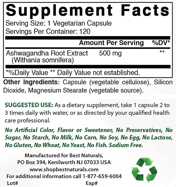 Best Naturals Dhea 25mg & Ashwagandha Extract 500 Mg