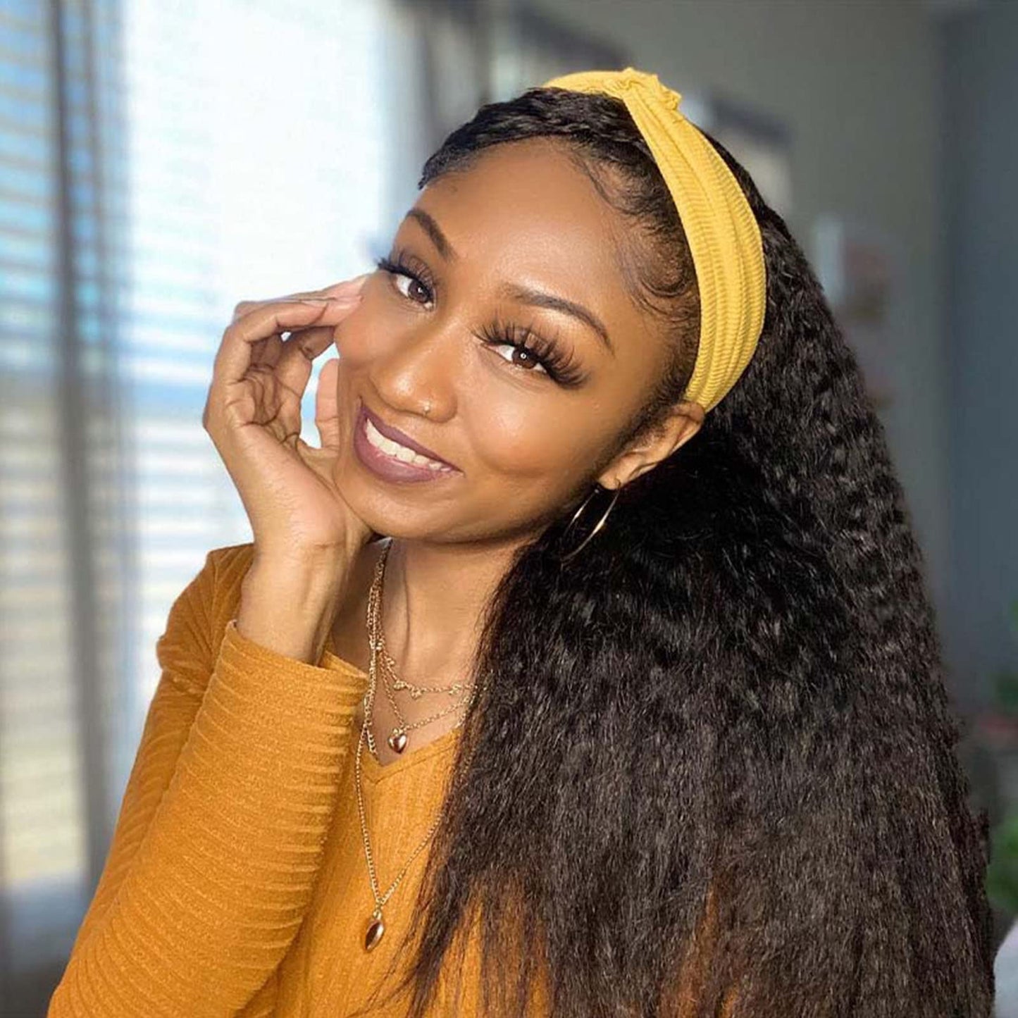 Vligcor Kinky Straight Headband Wigs 16Inch None Lace Front Synthetic Wig Yaki Straight Wigs With Headband For Black Women Natur