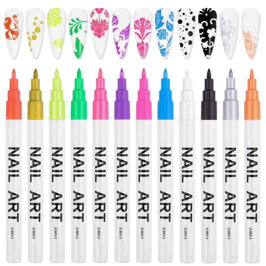 12 Color Fluorescent 3D Nail Art Pens Set, Kalolary Nail Point Graffiti Dotting Pen Drawing Painting Liner Brush For Diy Nail Ar