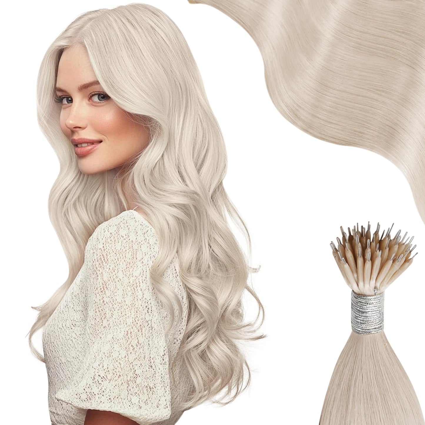 Moresoo Nano Tip Hair Extensions Real Human Hair White Blonde Nano Bead Extensions Human Hair 24Inch Long Straight Nano Hair Ext