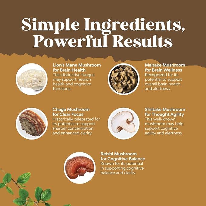 Advanced Lion's Mane Mushroom Supplement - Lions Mane Supplement Capsules with Reishi, Chaga , Maitake & Shiitake for Brain Health, Memory Support & Focus - Nootropic for Mental Clarity - 60 Caps