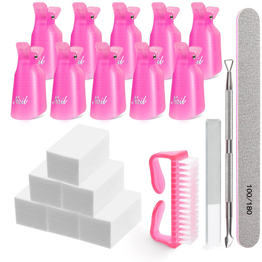 Nail Polish Remover Clips, Morgles Gel Nail Polish Remover Kit With 10Pcs Nail Clips 300Pcs Cotton Pads 100/180 Nail File Glass