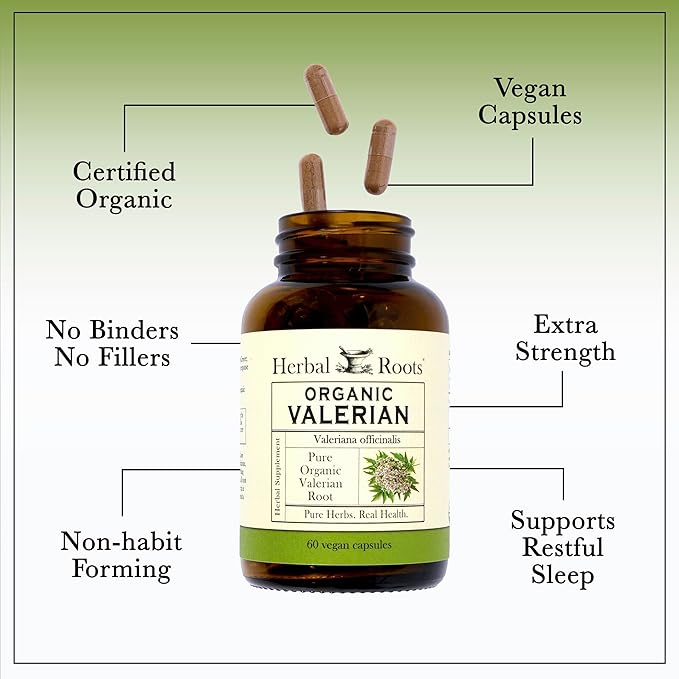 Herbal Roots Pure Organic Valerian Root Capsules - 900 mg - Non-Habit Forming with no Melatonin, Non-GMO - 60 Count Vegan Capsules, Herbal Supplement